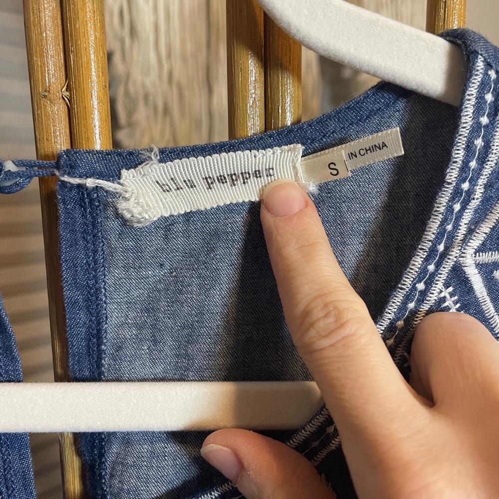 Blu Pepper denim Sleeveless Dress with White Embroidery - Picture 3 of 8